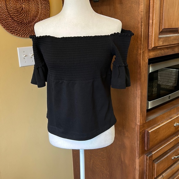 Moda international black smocked elastic off the shoulder peplum top szXL - Picture 2 of 9
